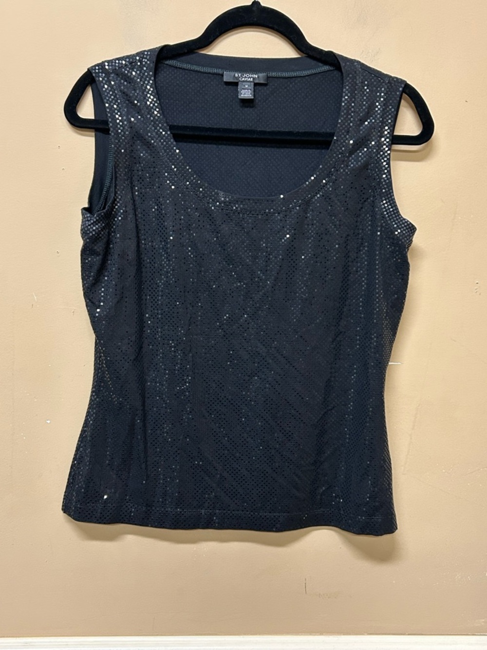 St. John Caviar Tank Top Womens M Black Sequin Scoop Neck Stretch Jersey